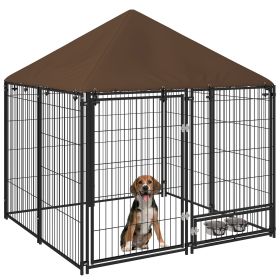 PawHut Outside Dog Kennel, 4.6' x 4.6' x 5' Puppy Play Pen with Canopy, Garden Playpen Fence Crate Enclosure Cage with Rotating Bowl, Black